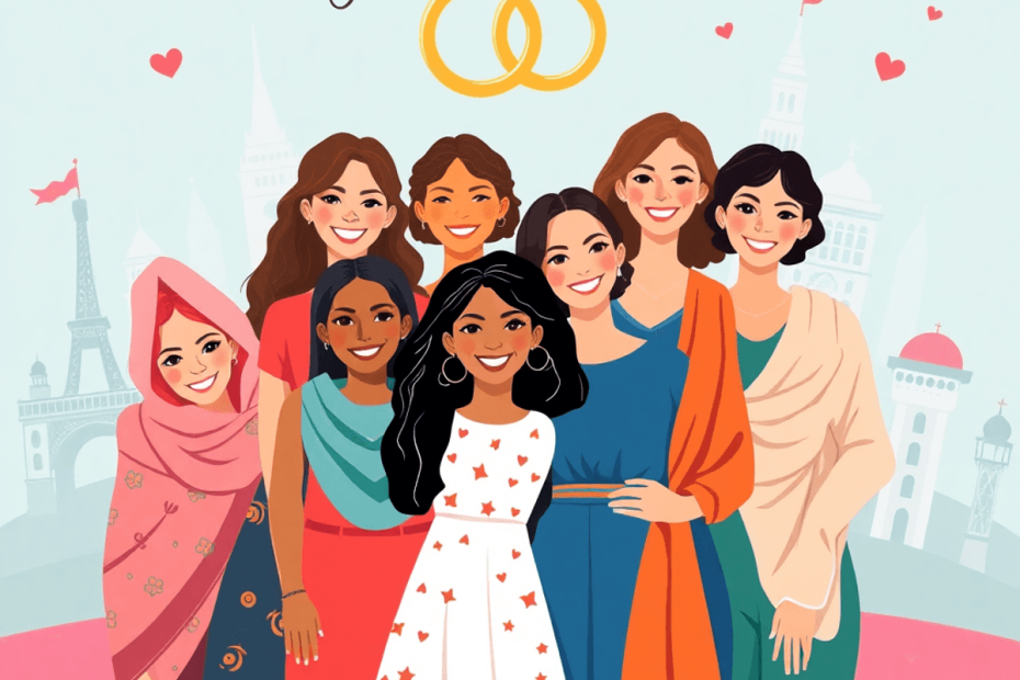 A colorful illustration of women smiling together, with iconic landmarks and symbols of love in the background, representing unity and connection a...