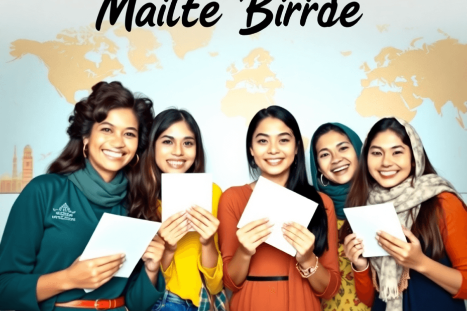 A diverse group of smiling women holding letters and devices, with a background of global landmarks and maps, symbolizing connection and modern mat...