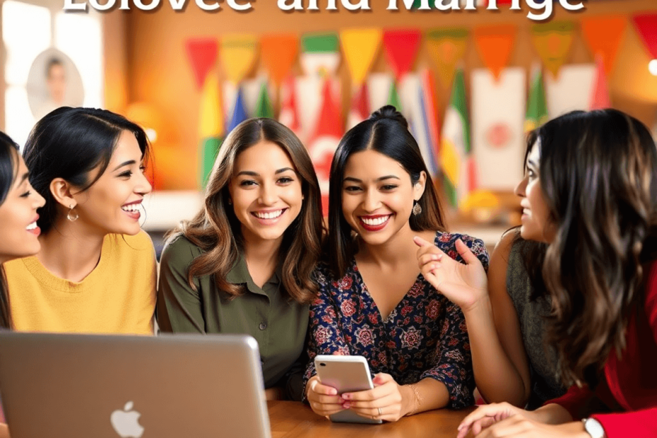 A diverse group of women smiling and interacting around a table with laptops and smartphones, surrounded by cultural decor, symbolizing modern conn...