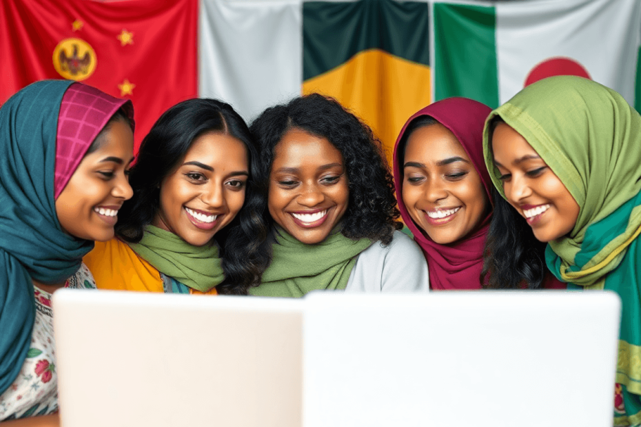 A group of women smiling at a laptop, surrounded by cultural symbols like flags and patterns, representing international love and connections.