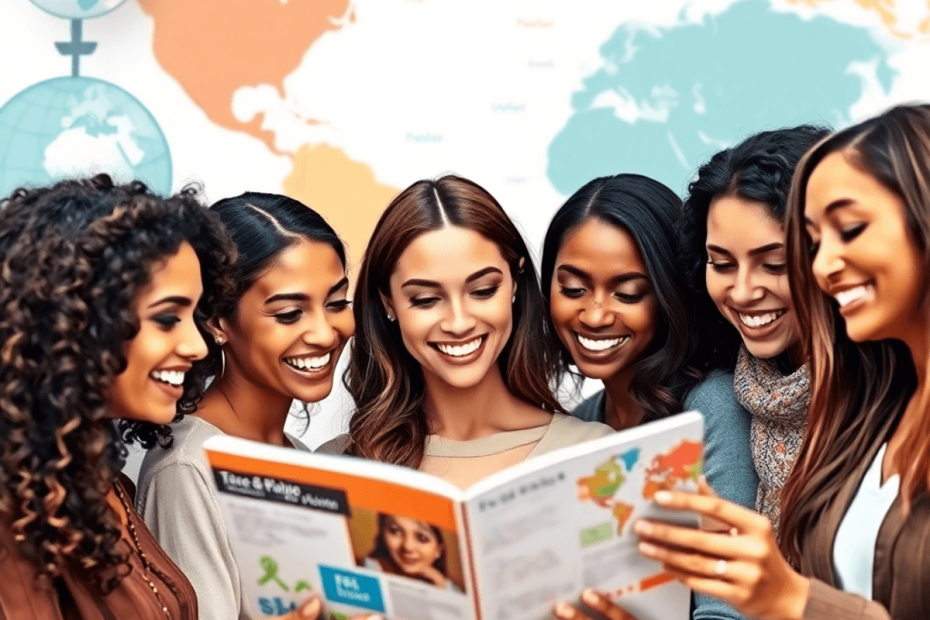 A group of women with hopeful expressions examines a digital catalog, surrounded by globes and maps symbolizing cultural exchange and international...