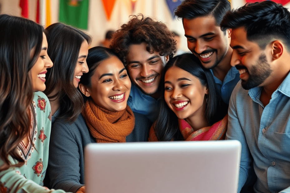 A warm and inviting image of couples connecting over a laptop, surrounded by cultural elements like flags and decor, celebrating love and connection.